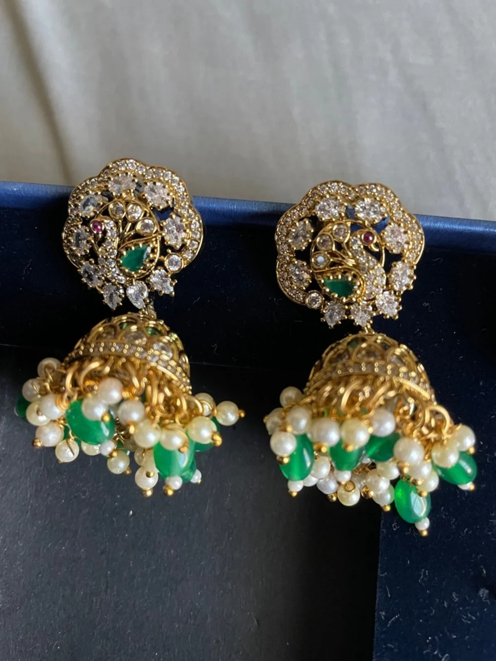 Gold-Tone Green and White Jhumka Earrings with Pearls